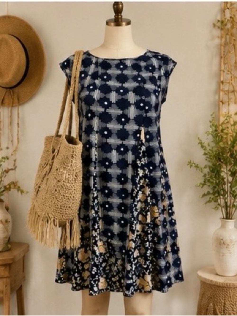 Maeve Anthropologie Indiga Ikat Floral Lace-Up Swing Dress S